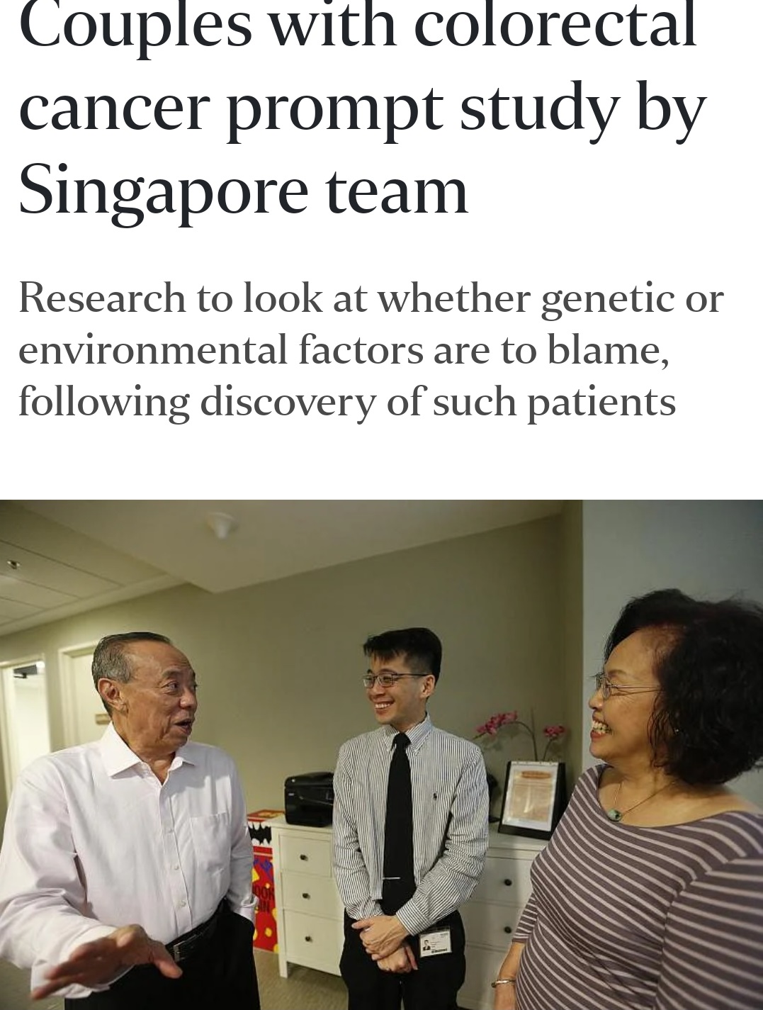 Couple with colorectal cancer prompt study by Singapore Team